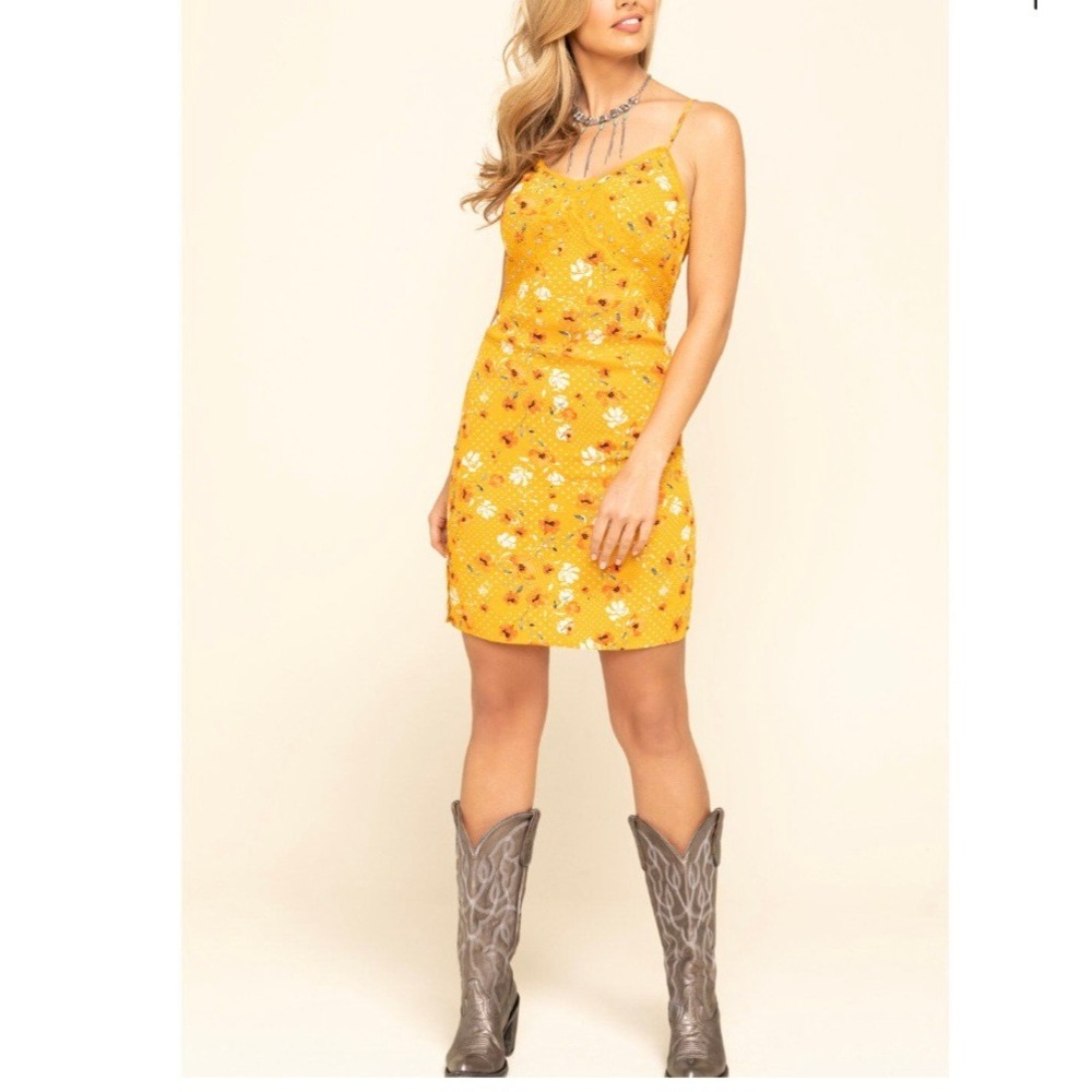 Idyllwind Miranda Lambert Yellow Floral Studded Lace Slip Dress Large‎ Festival